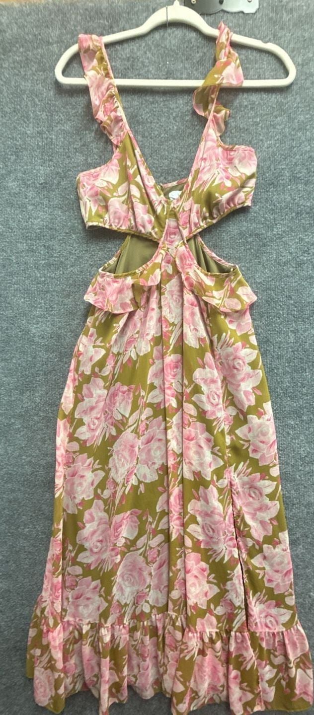 LIKELY Katerina Dress Olive Oil Pink Floral Cutout Midi 2