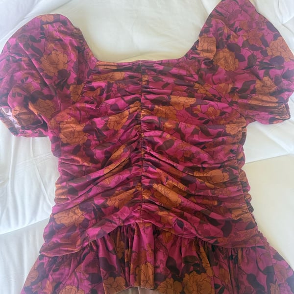 DR2 Pink and Orange Floral Ruched Puff Sleeve Peplum Blouse