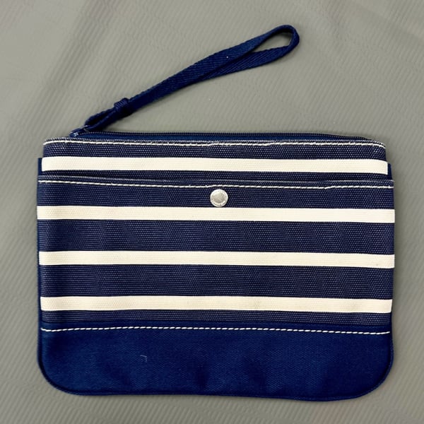Lands' End Blue and White Striped Canvas Wristlet Clutch Cosmetic Pouch