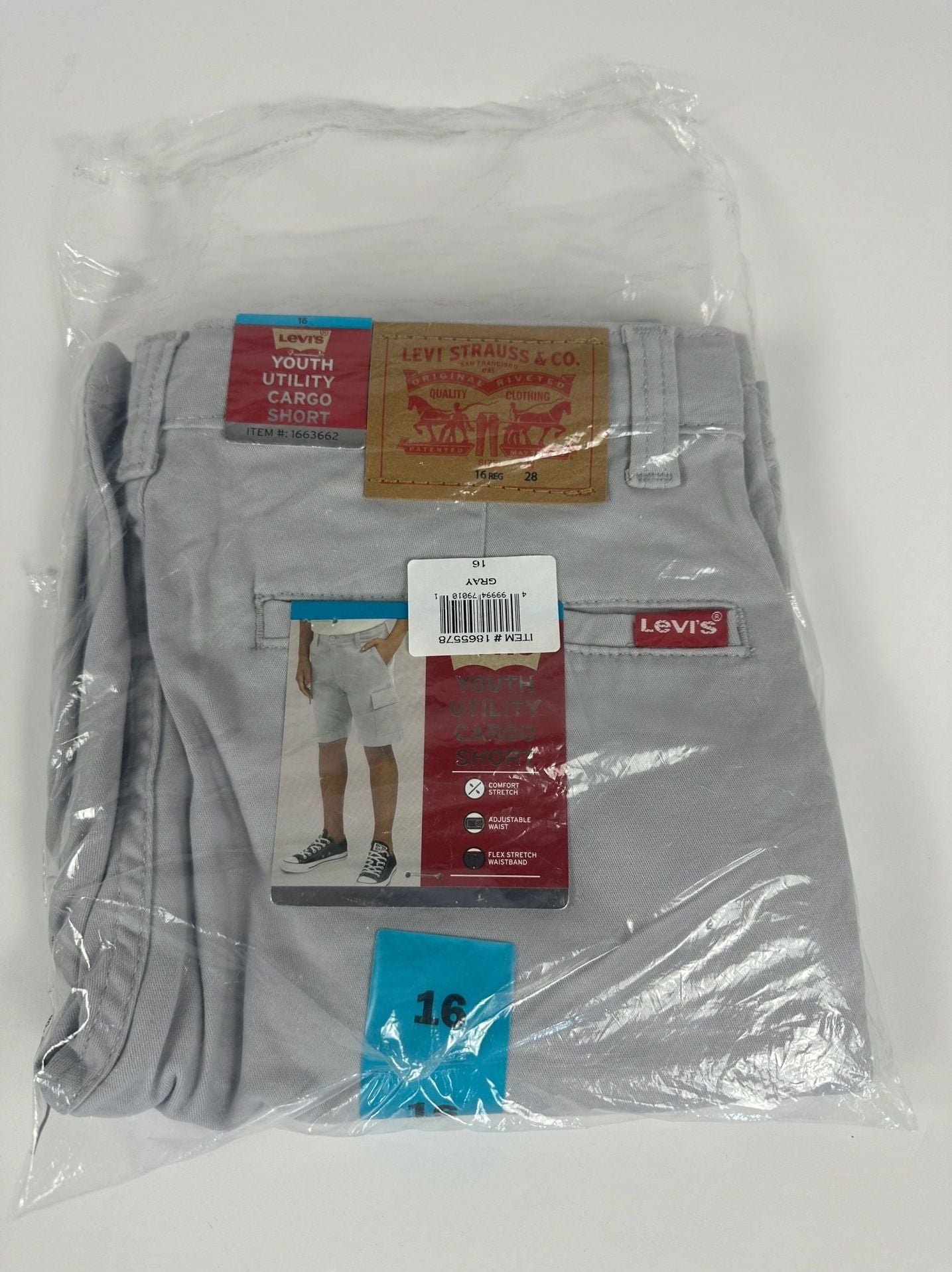 Levis Boys 16 Youth Utility Cargo Shorts Gray NWT Comfort Stretch Waist 28 2