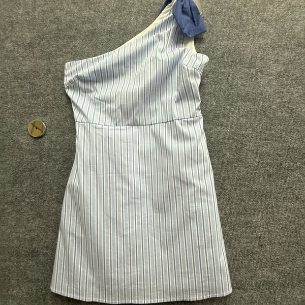 TCEC Women's Blue Striped One-Shoulder Dress with Bow Detail Size M