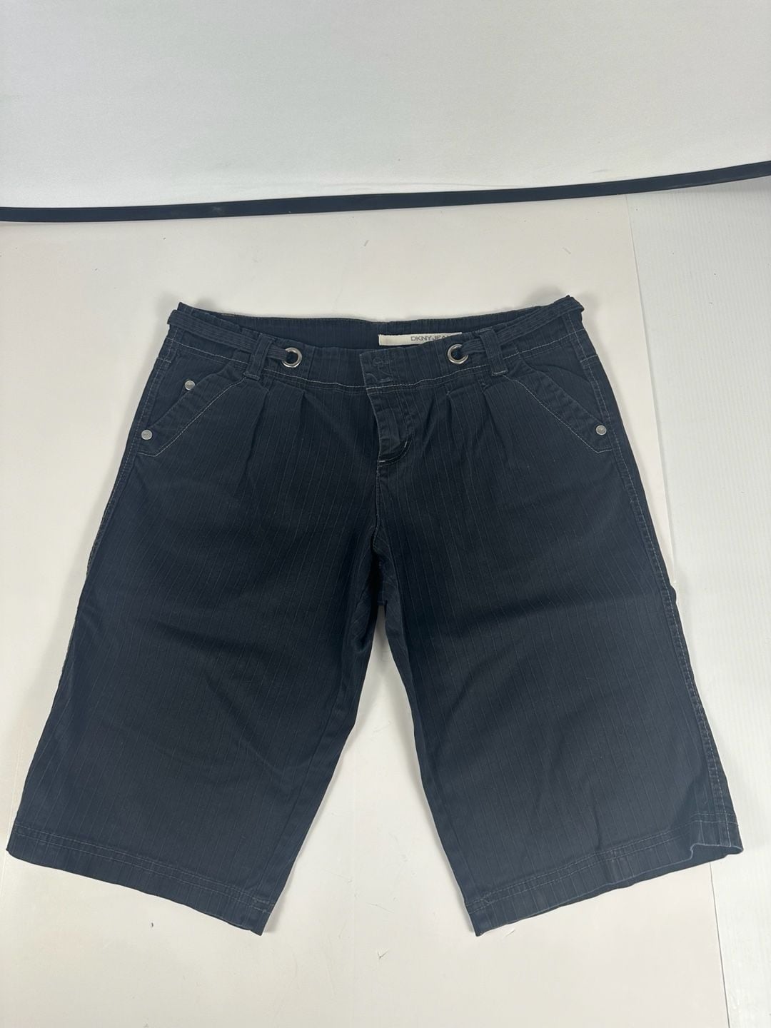 DKNY Jeans Womens 12 Navy Blue Pinstripe Bermuda Shorts Grommet Utility Cuffed 2