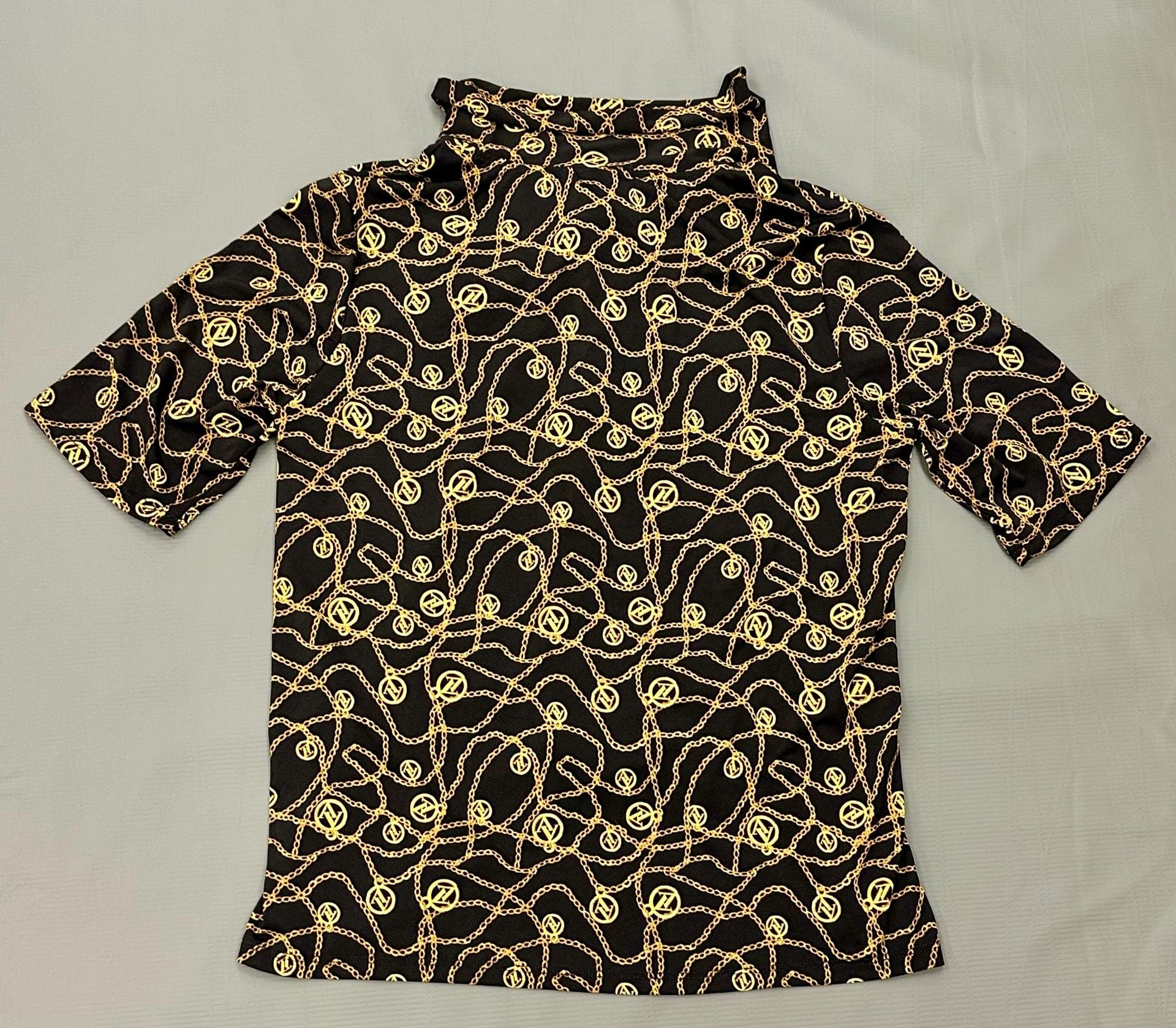 Adrienne Vittadini Black and Gold Chain Print Short Sleeve Scarf Neck Blouse Top 3