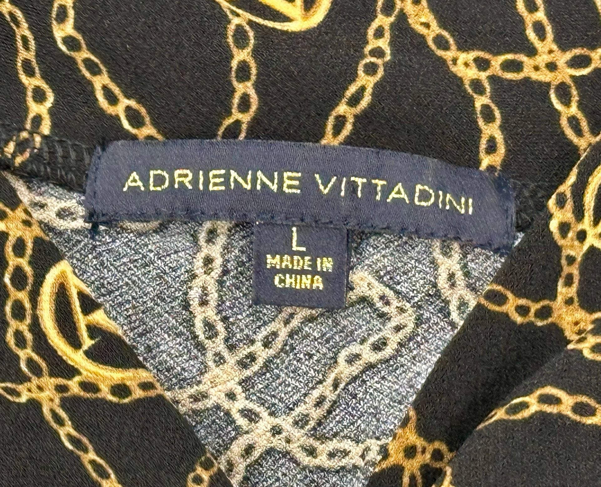 Adrienne Vittadini Black and Gold Chain Print Short Sleeve Scarf Neck Blouse Top 4