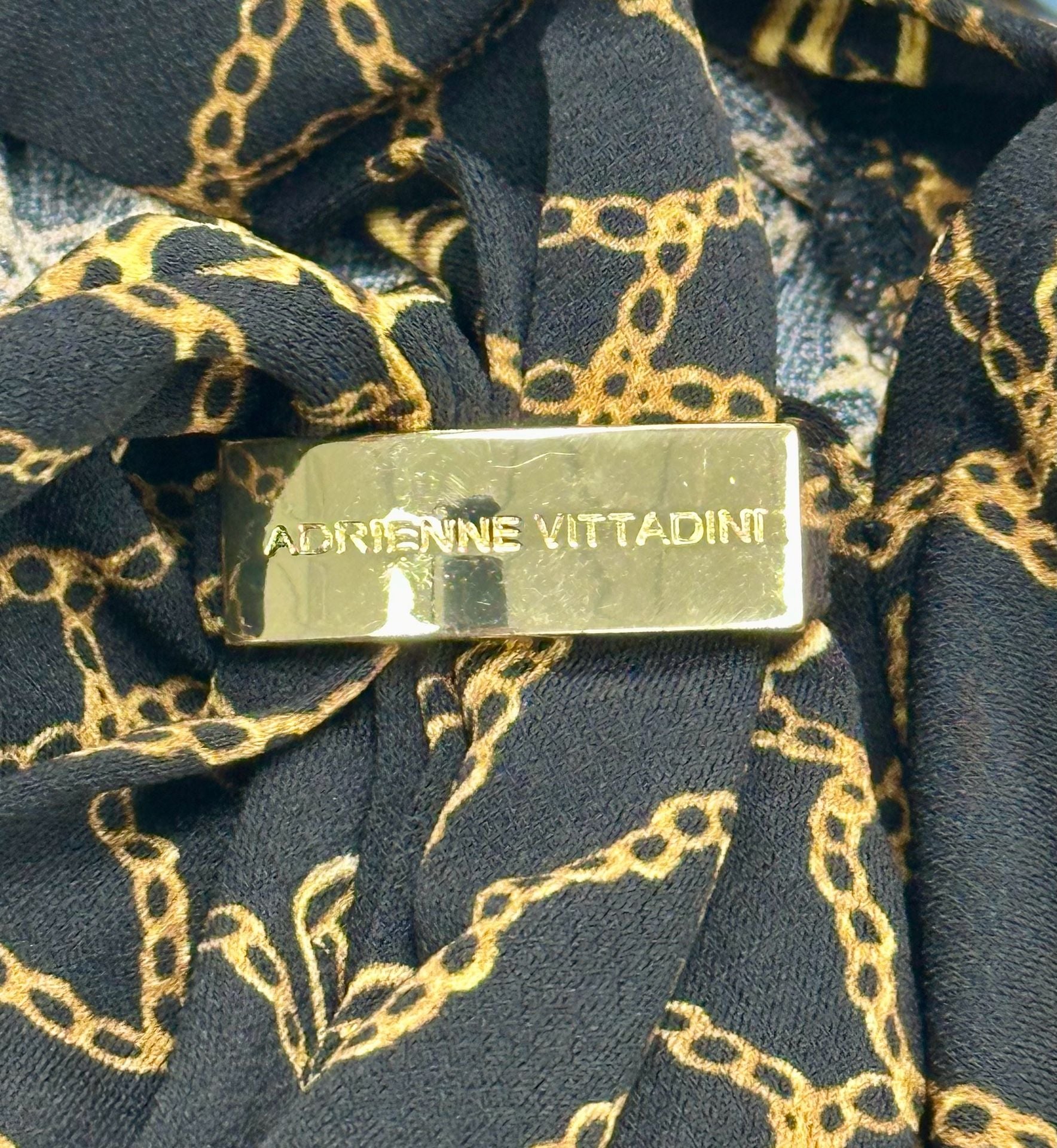 Adrienne Vittadini Black and Gold Chain Print Short Sleeve Scarf Neck Blouse Top 5