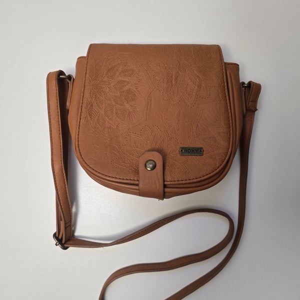 ROXY Brown Faux Leather Embossed Floral Flap Crossbody Bag