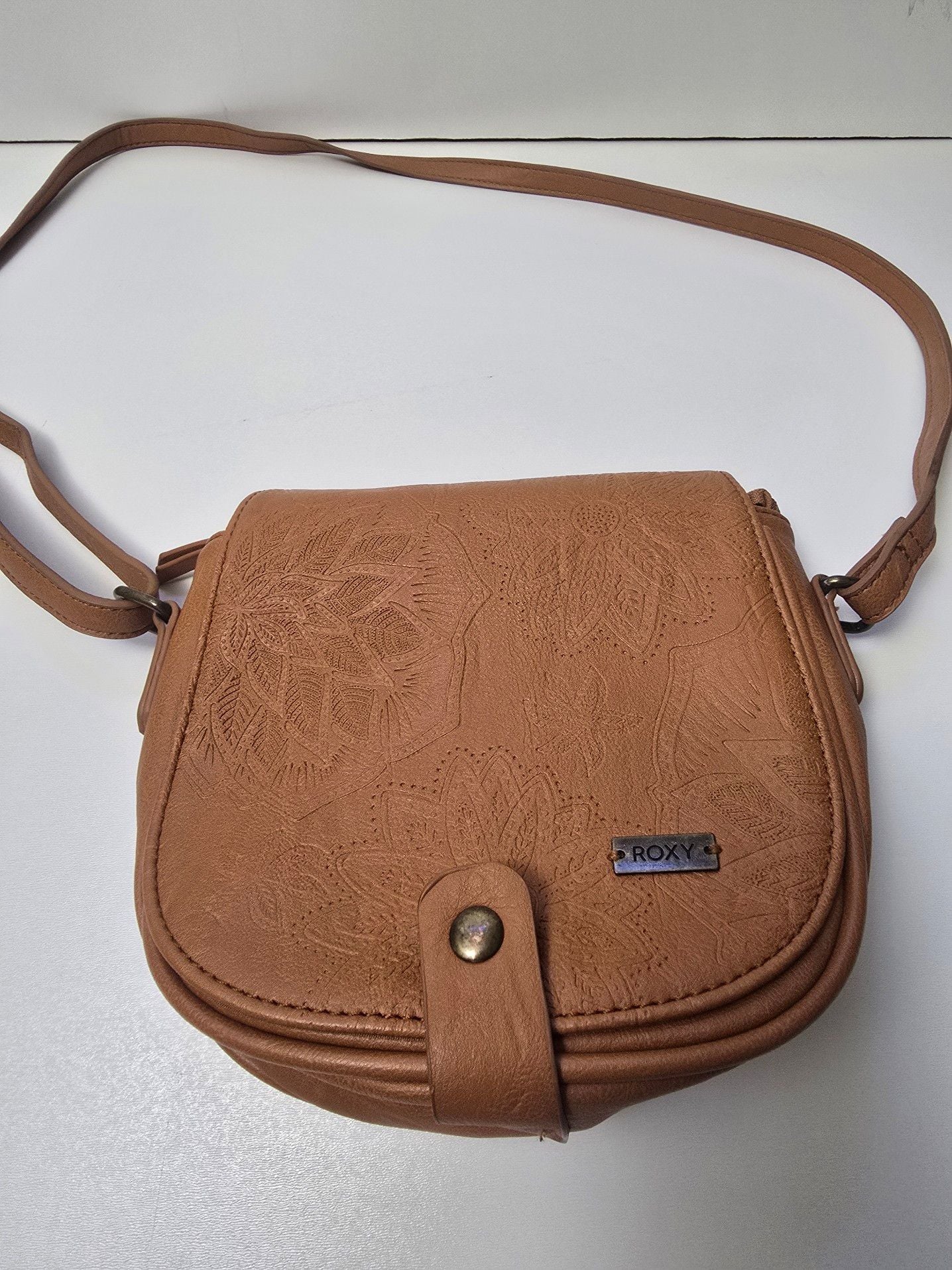 ROXY Brown Faux Leather Embossed Floral Flap Crossbody Bag 7