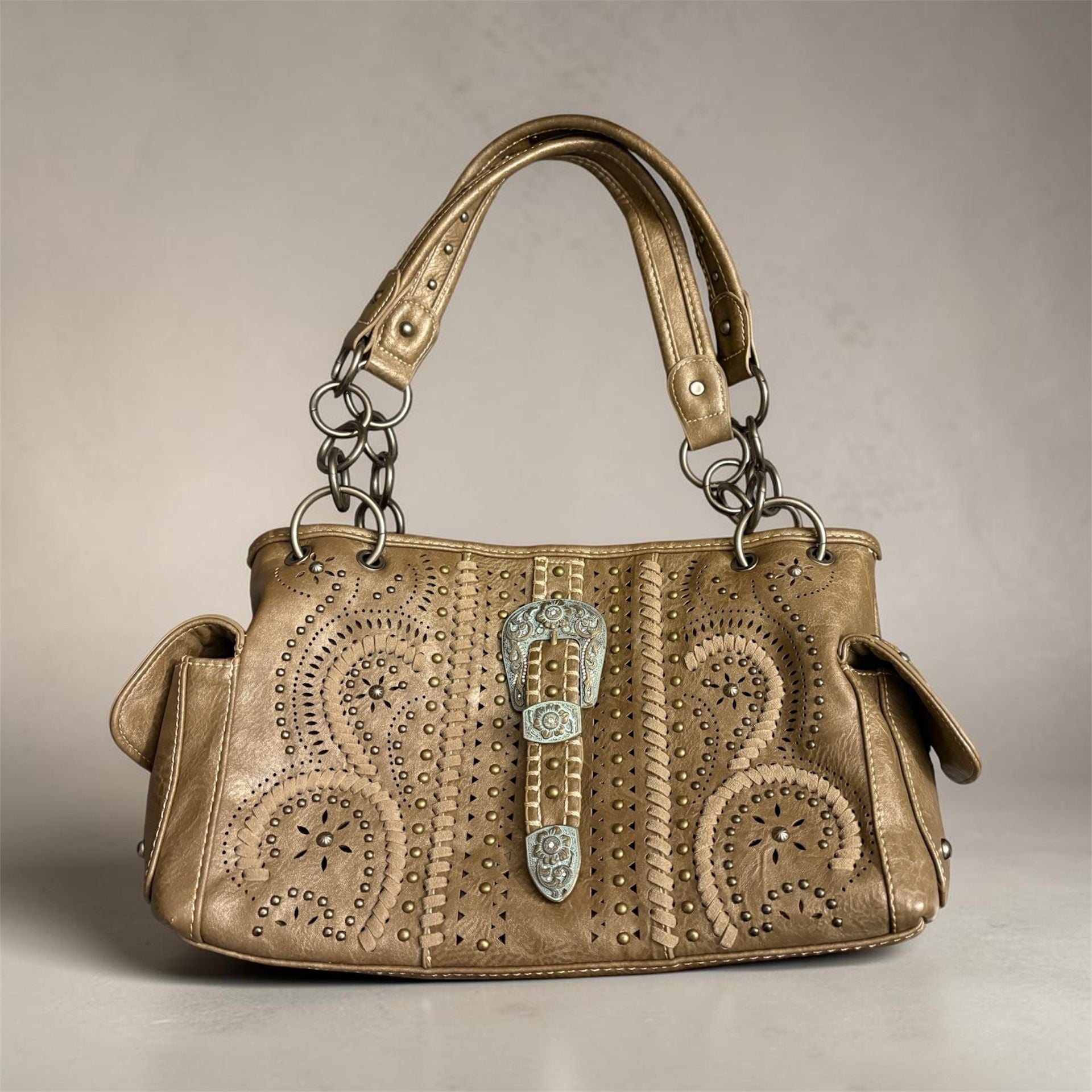 Montana West Western Handbag Purse Studded Tooled Leather Buckle Accent Gold 2