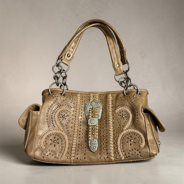 Montana West Western Handbag Purse Studded Tooled Leather Buckle Accent Gold