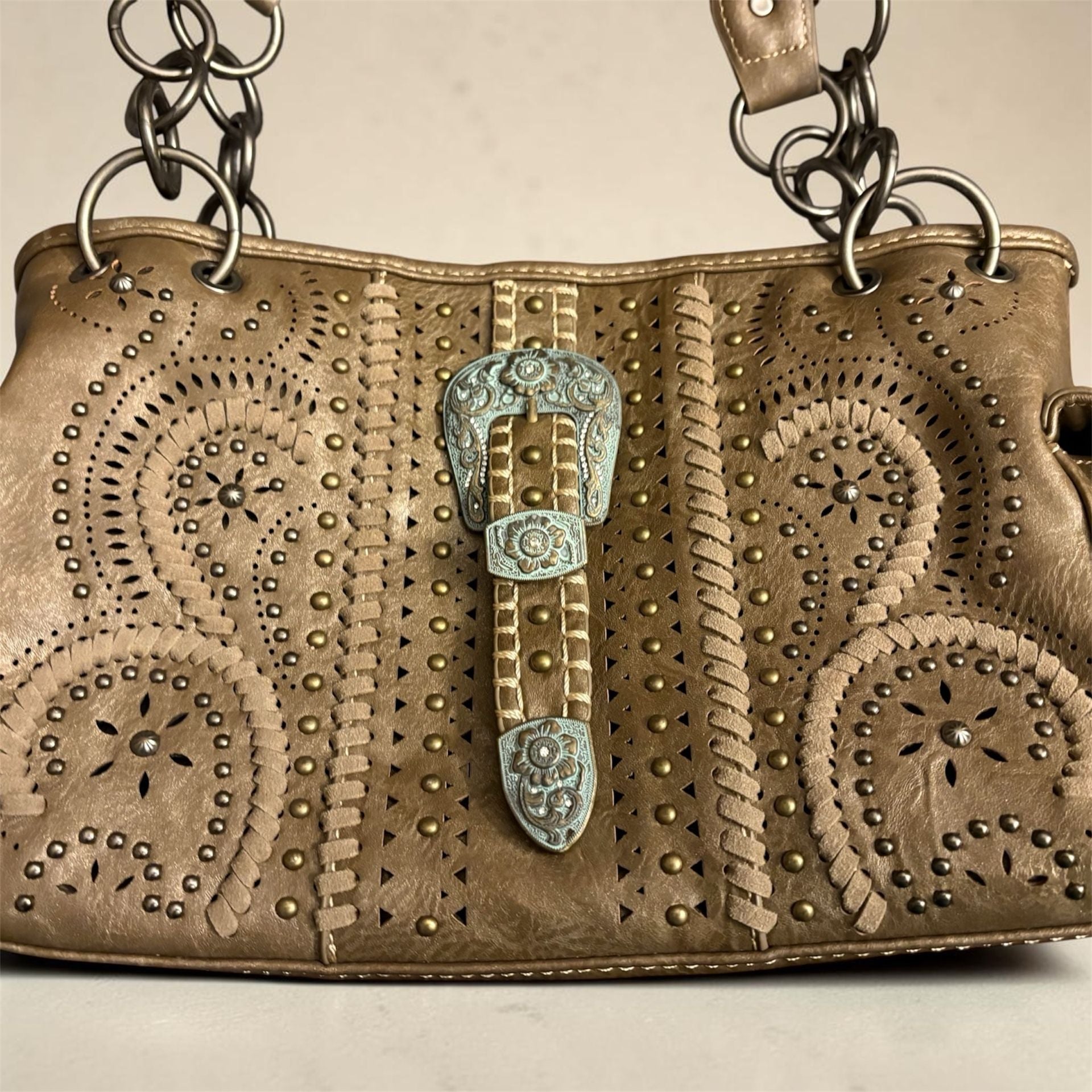 Montana West Western Handbag Purse Studded Tooled Leather Buckle Accent Gold 6
