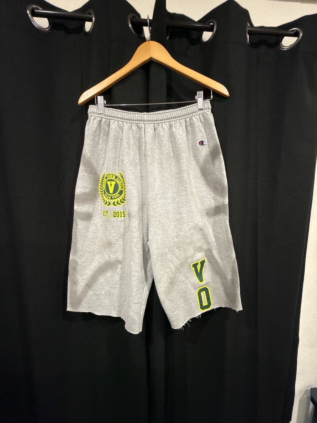 Champion Gray Sweat Shorts with Custom Green and Yellow Lettering and Raw Hem 2