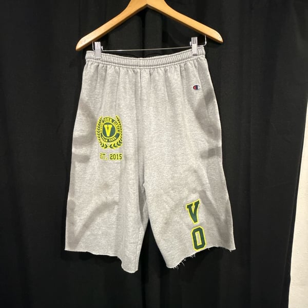 Champion Gray Sweat Shorts with Custom Green and Yellow Lettering and Raw Hem