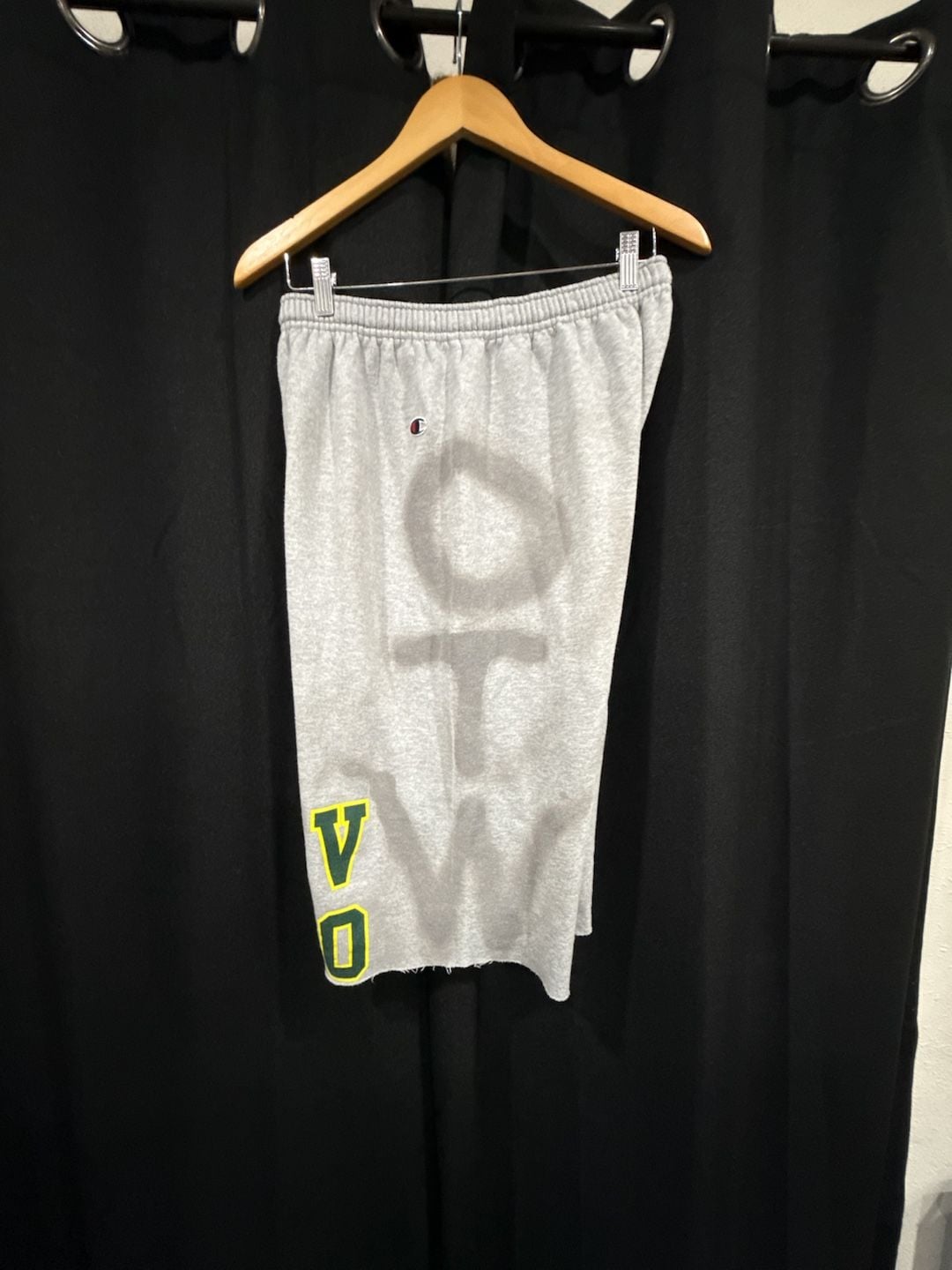 Champion Gray Sweat Shorts with Custom Green and Yellow Lettering and Raw Hem 4