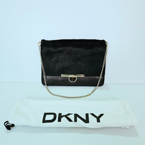 DKNY Black Lambskin Leather Calf Hair Clutch Crossbody  Chain Strap Dust Bag