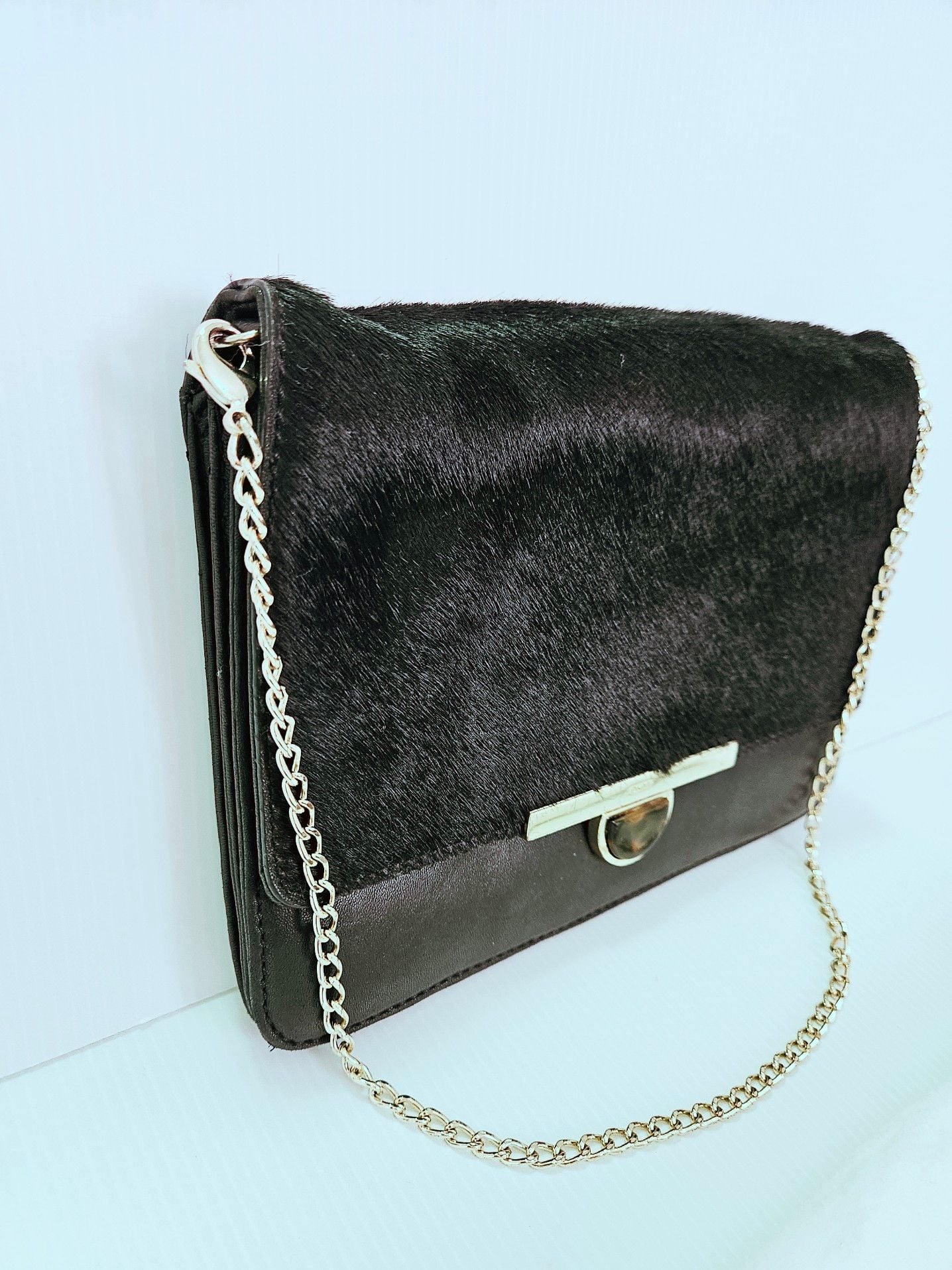 DKNY Black Lambskin Leather Calf Hair Clutch Crossbody  Chain Strap Dust Bag 10