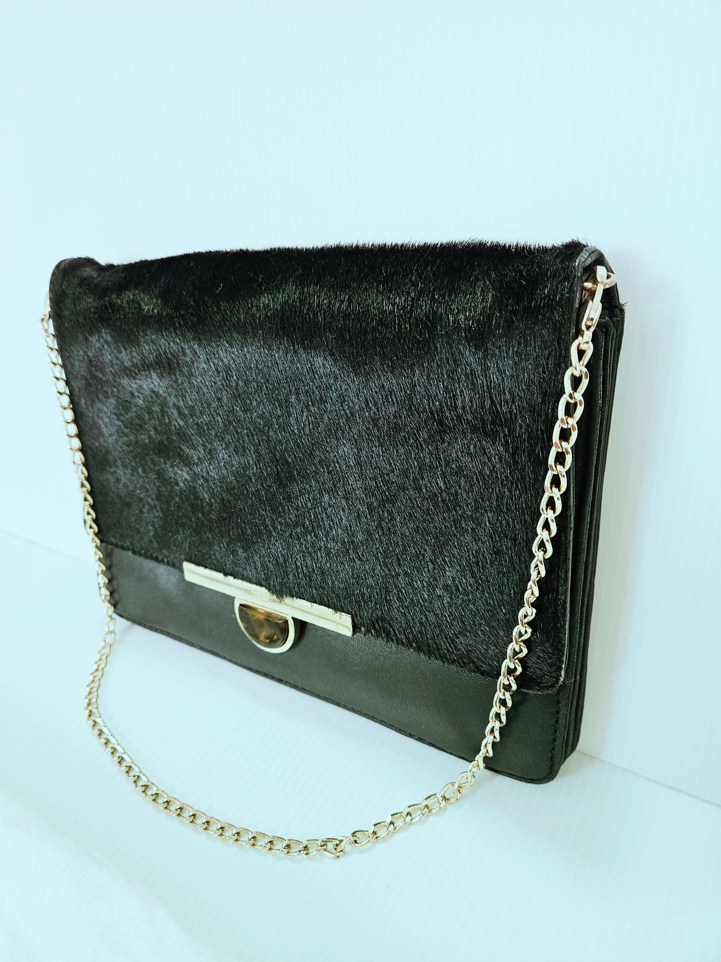 DKNY Black Lambskin Leather Calf Hair Clutch Crossbody  Chain Strap Dust Bag 11