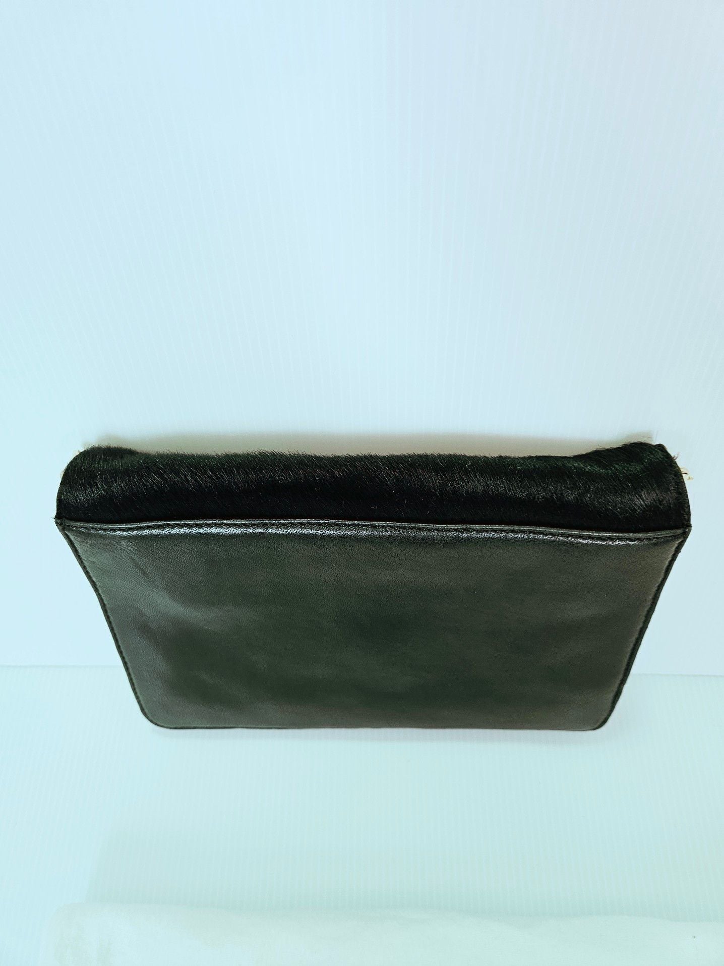 DKNY Black Lambskin Leather Calf Hair Clutch Crossbody  Chain Strap Dust Bag 12