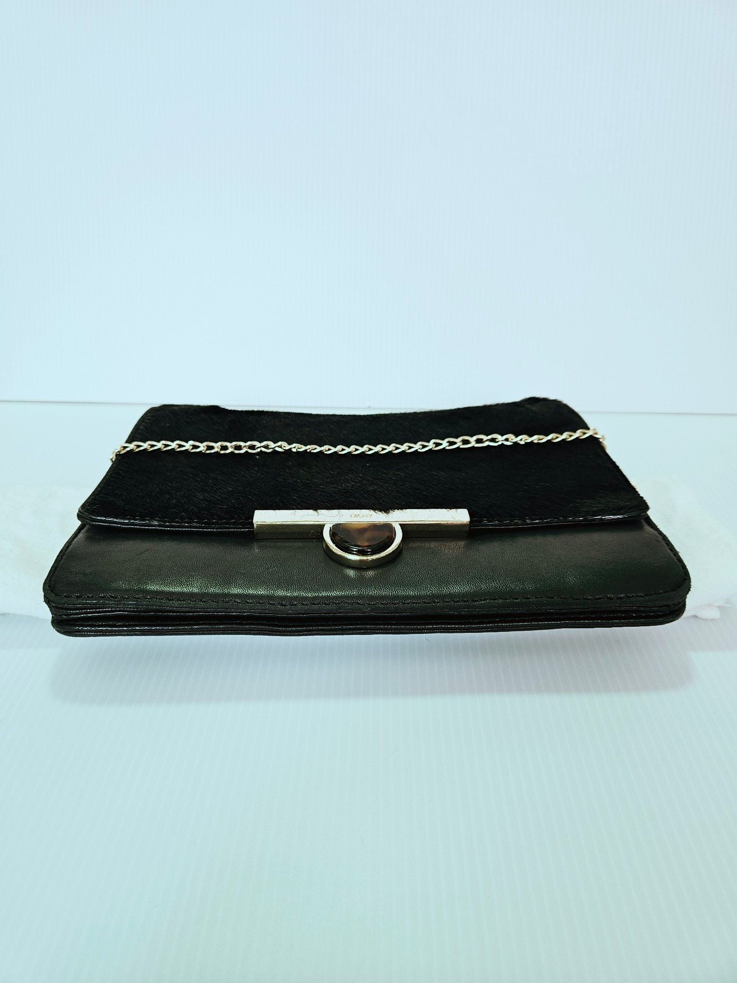 DKNY Black Lambskin Leather Calf Hair Clutch Crossbody  Chain Strap Dust Bag 15