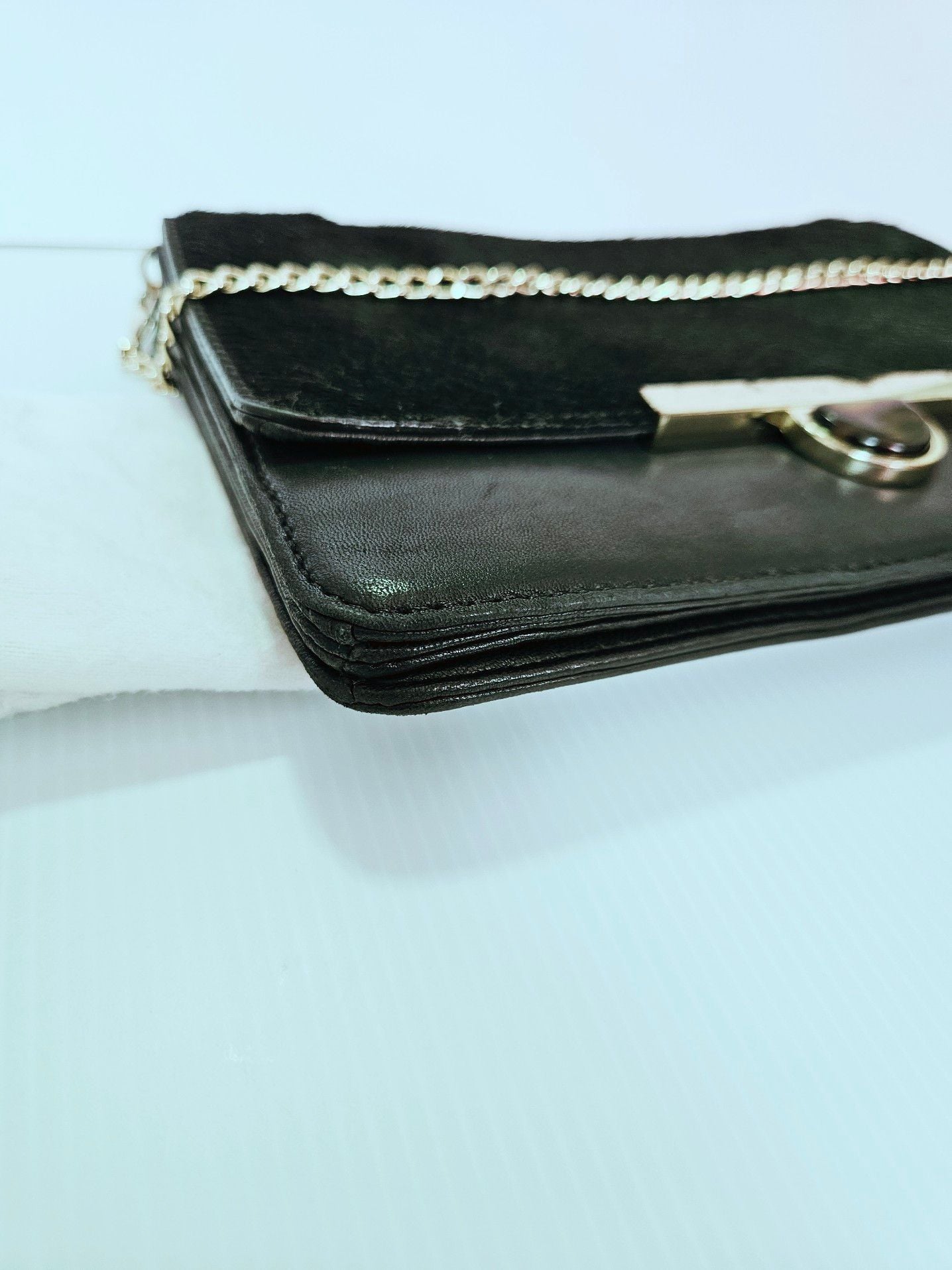 DKNY Black Lambskin Leather Calf Hair Clutch Crossbody  Chain Strap Dust Bag 16