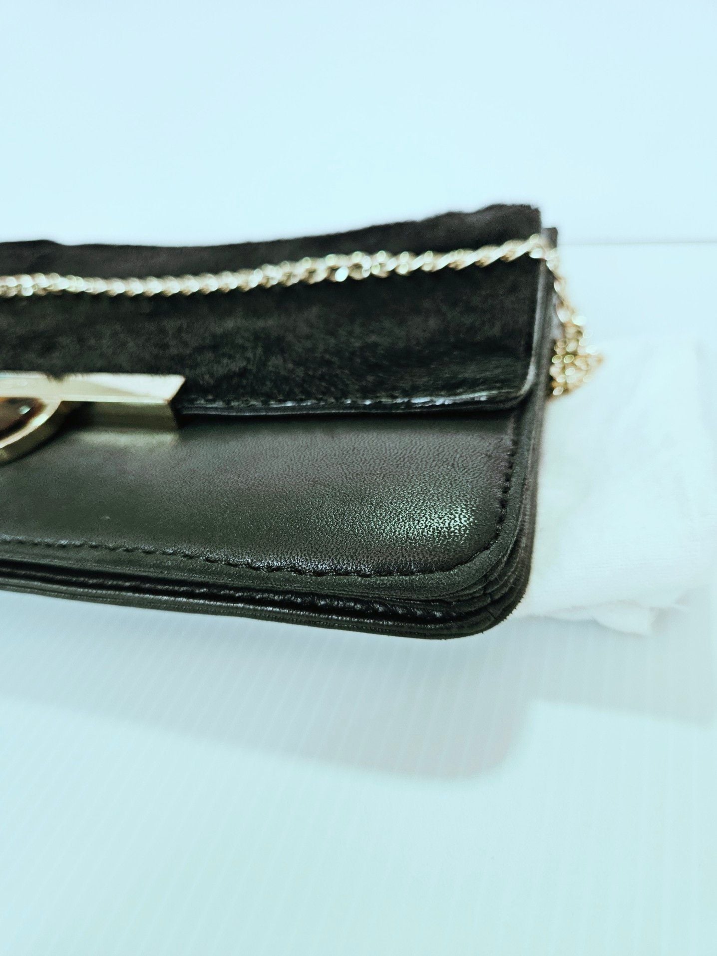 DKNY Black Lambskin Leather Calf Hair Clutch Crossbody  Chain Strap Dust Bag 14