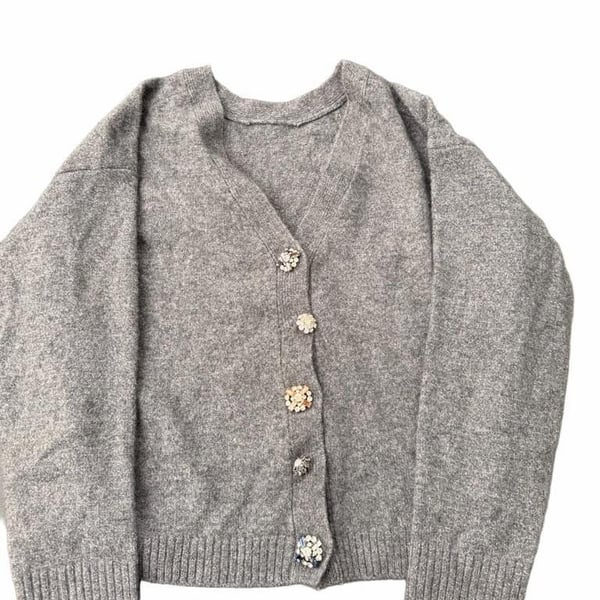 CeCe Grey V-Neck Cardigan with Embellished Crystal Buttons