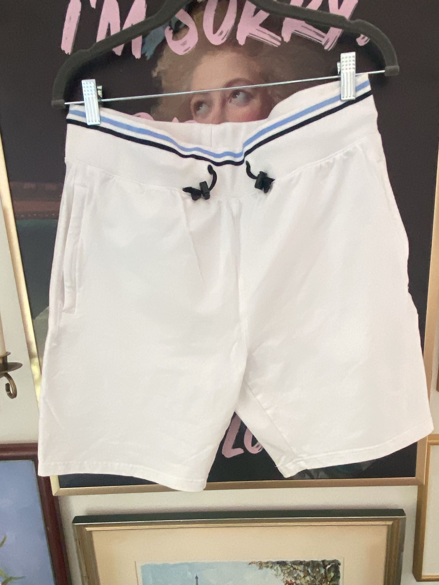 Psycho Bunny White Knit Drawstring Shorts with Striped Waistband and Leg Logo 2