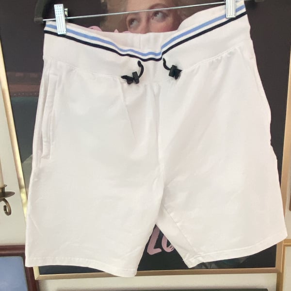 Psycho Bunny White Knit Drawstring Shorts with Striped Waistband and Leg Logo