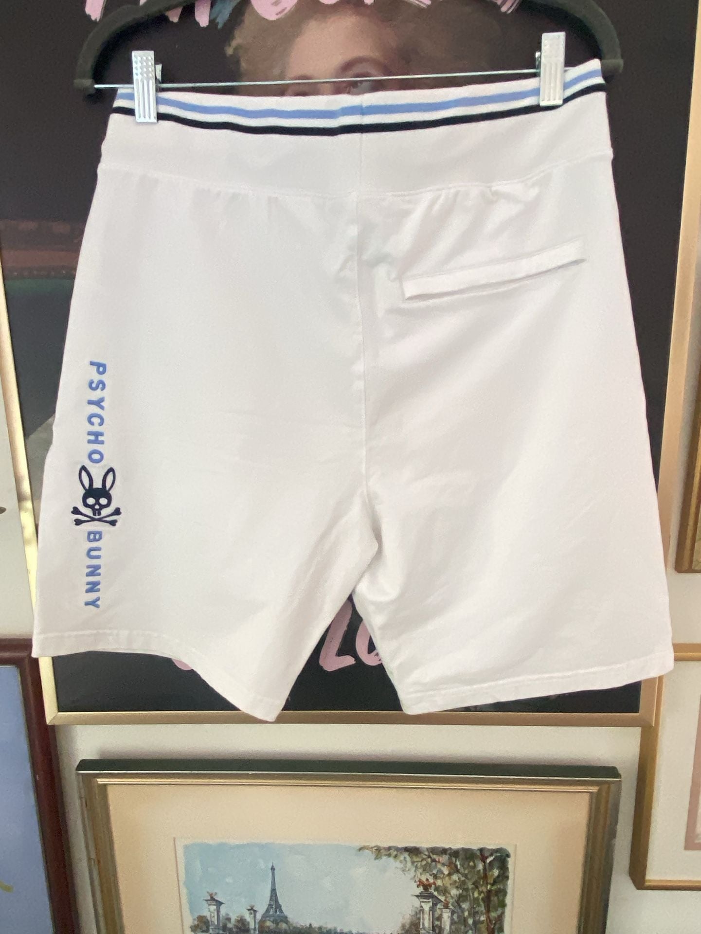 Psycho Bunny White Knit Drawstring Shorts with Striped Waistband and Leg Logo 4