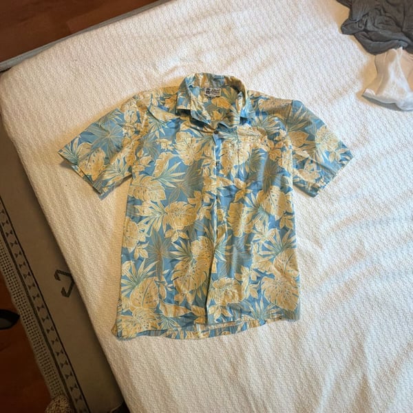 Aloha Republic Vintage Made in Hawaii Blue and Yellow Tropical Leaf Hawaiian Shirt