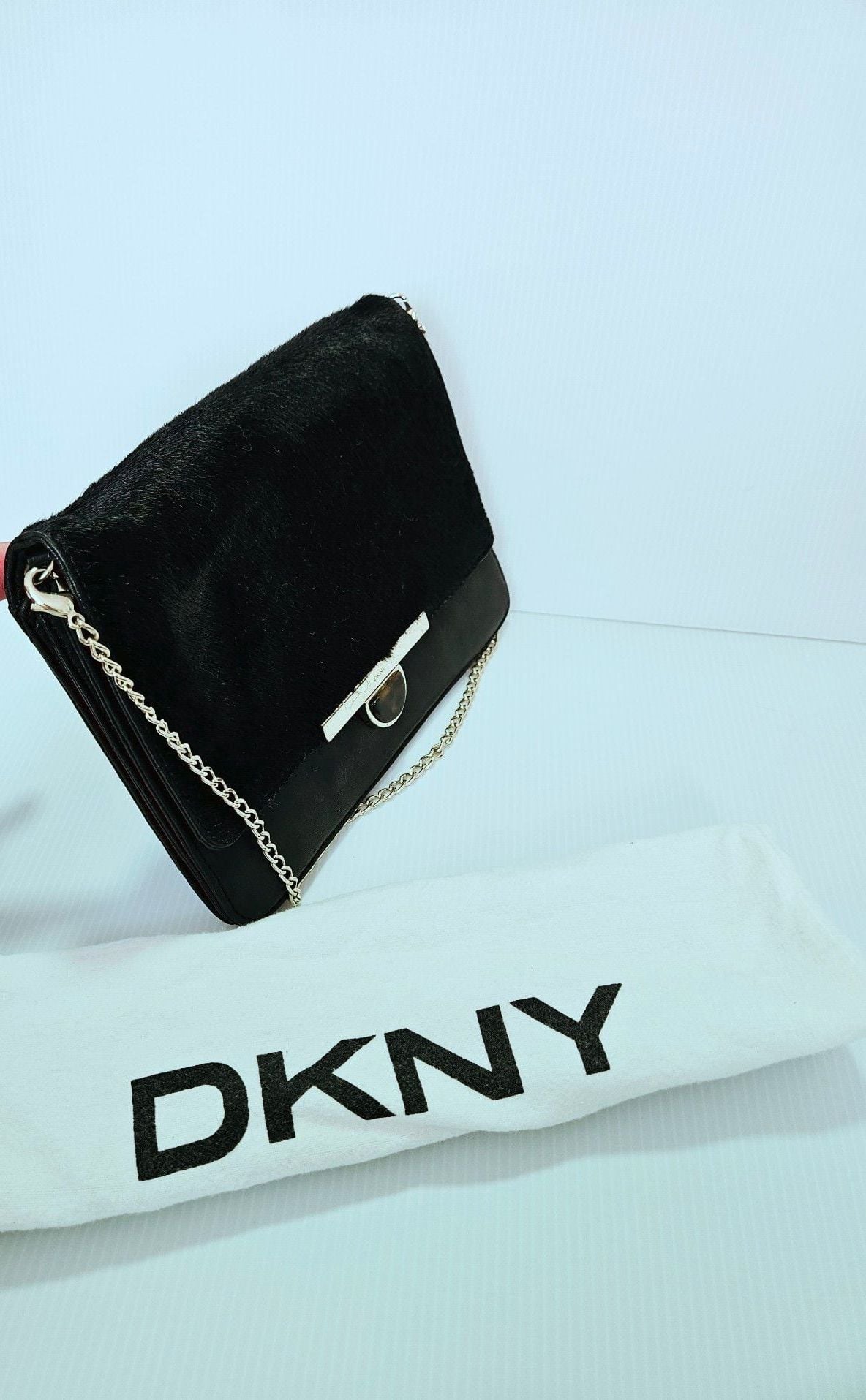 DKNY Black Lambskin Leather Calf Hair Clutch Crossbody  Chain Strap Dust Bag 9