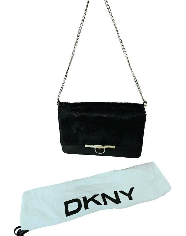 DKNY Black Lambskin Leather Calf Hair Clutch Crossbody  Chain Strap Dust Bag 13