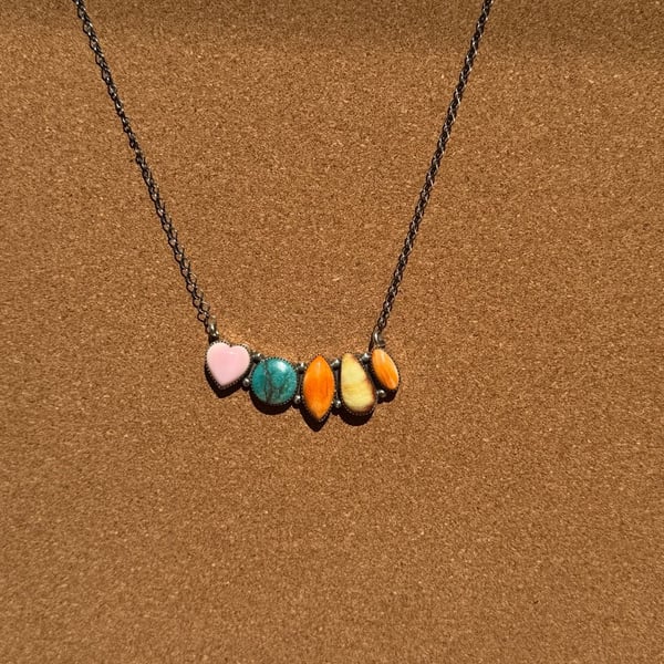 NATIVE Sterling Silver Multi-Stone Pendant Necklace Featuring Pink, Turquoise, Orange, and Yellow Gemstones