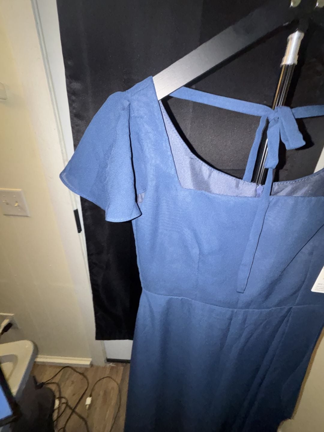 Junior Bridesmaid Dress Navy Blue Square Neck Flutter Sleeve Maxi Dress with Tie Back 4
