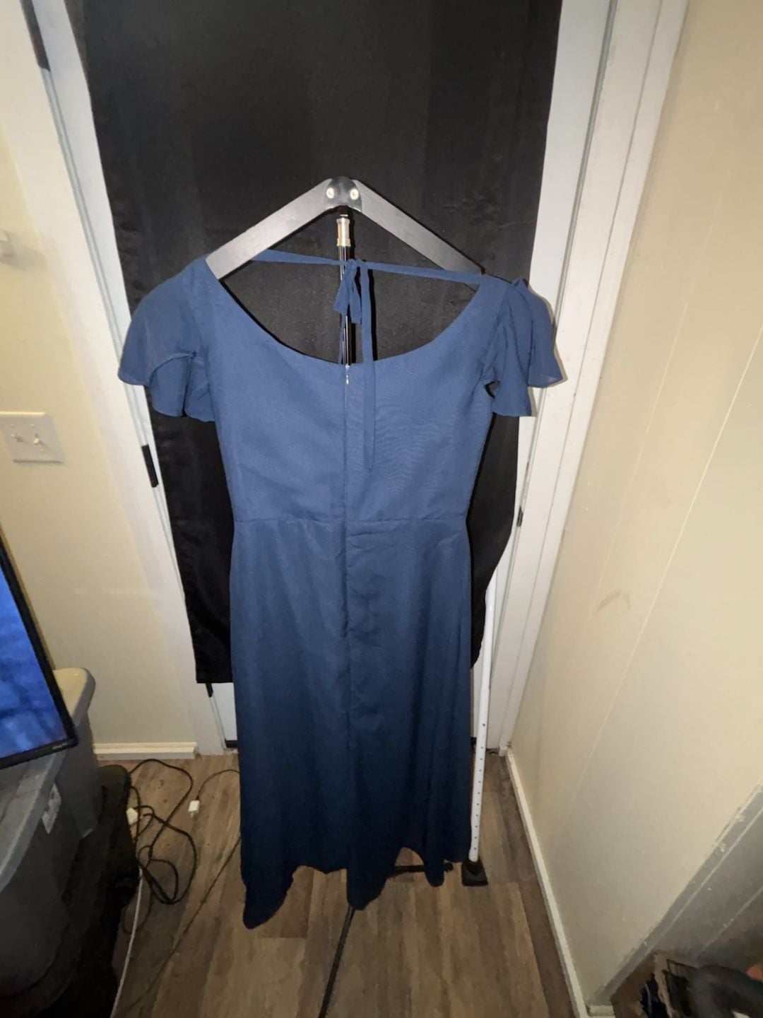 Junior Bridesmaid Dress Navy Blue Square Neck Flutter Sleeve Maxi Dress with Tie Back 6