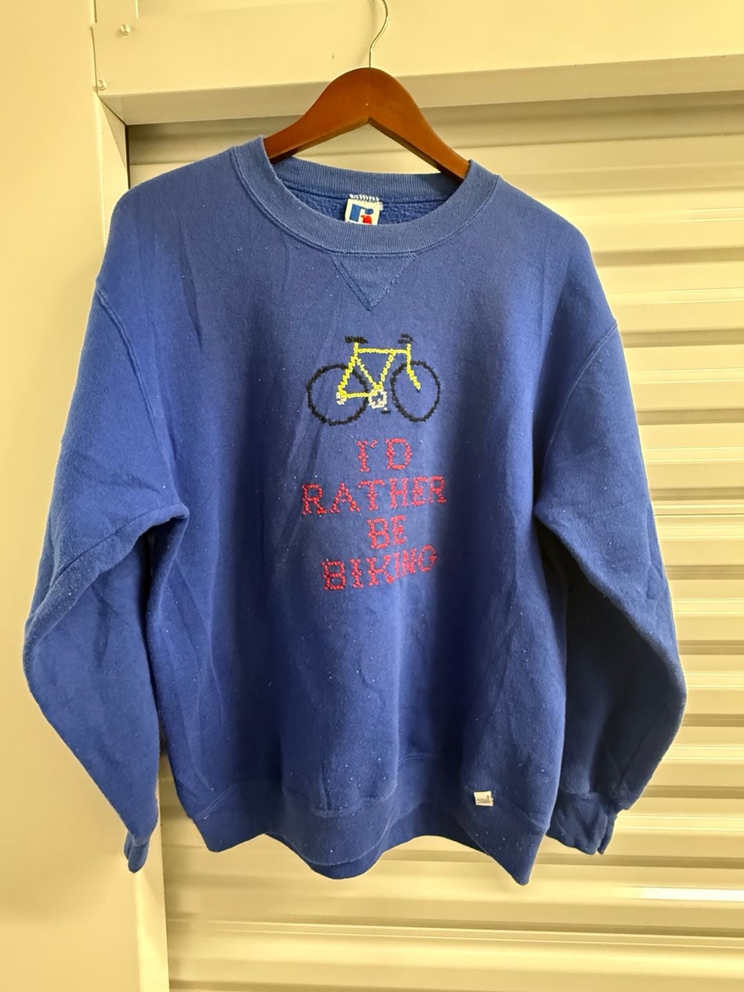 Vintage Russell Athletic I'd Rather Be Biking Graphic Sweatshirt Blue Size L 2