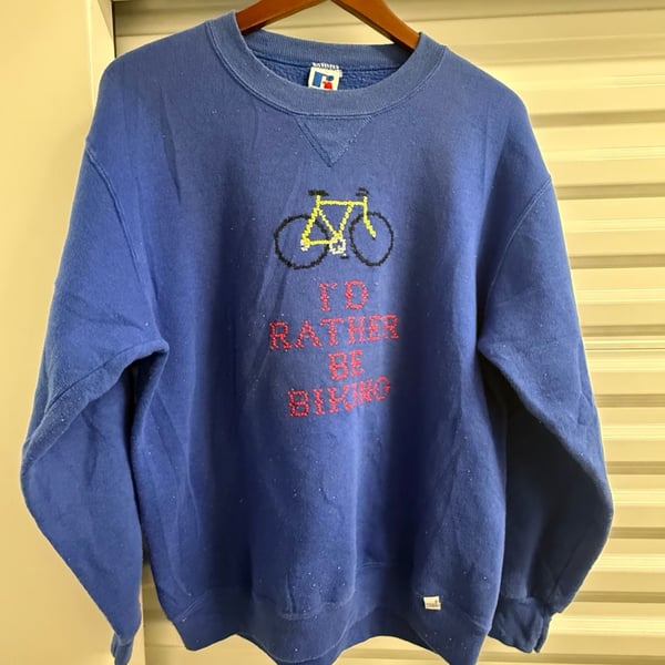 Vintage Russell Athletic I'd Rather Be Biking Graphic Sweatshirt Blue Size L
