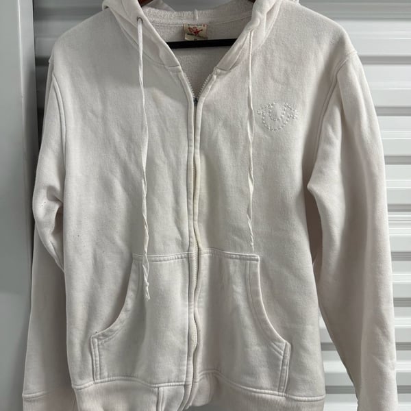 True Religion White Zip-Up Hoodie with Horseshoe Logo Size XL