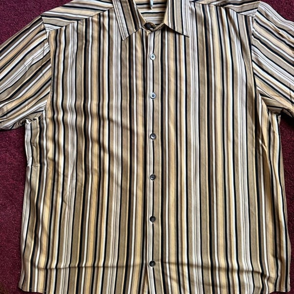 Axis 100% Cotton Brown Tan Black Striped Short Sleeve Button-Up Shirt Medium