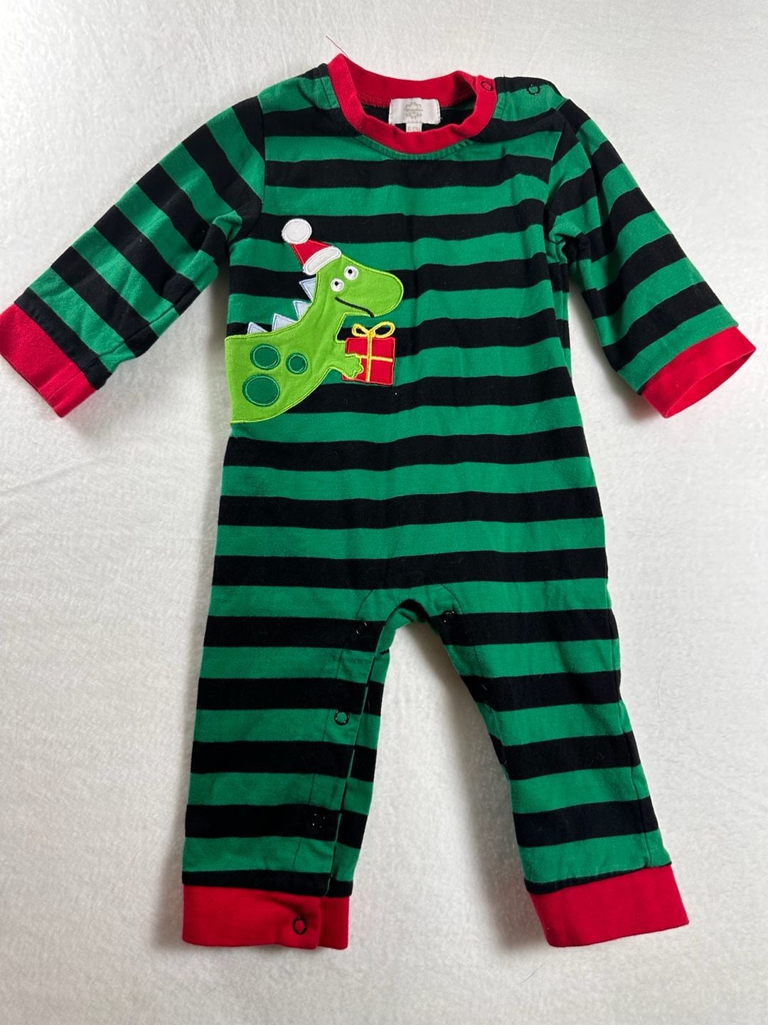 Honeydew Intimates Christmas Green and Black Striped Dinosaur Applique Romper 6-12M 2