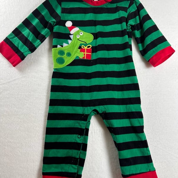 Honeydew Intimates Christmas Green and Black Striped Dinosaur Applique Romper 6-12M