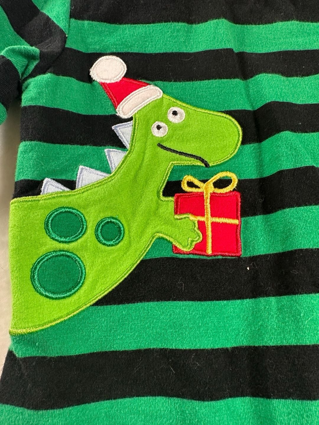 Honeydew Intimates Christmas Green and Black Striped Dinosaur Applique Romper 6-12M 3