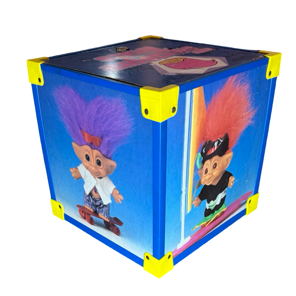 Vintage 1992 Ace Novelty Treasure Trolls Wooden Storage Box Toy Chest Cube