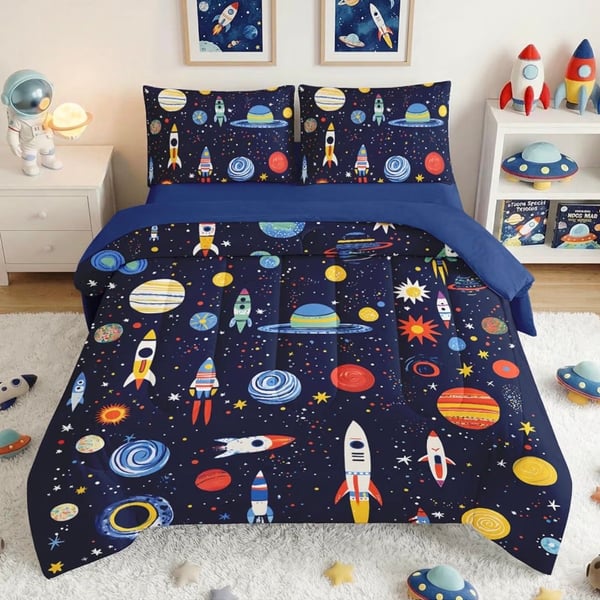 5-piece quilt outer space quilt set with planets and rockets.  Size Full