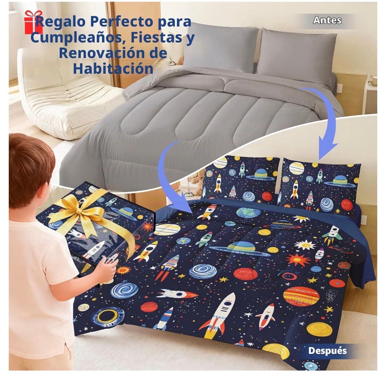 5-piece quilt outer space quilt set with planets and rockets. Size Full 6