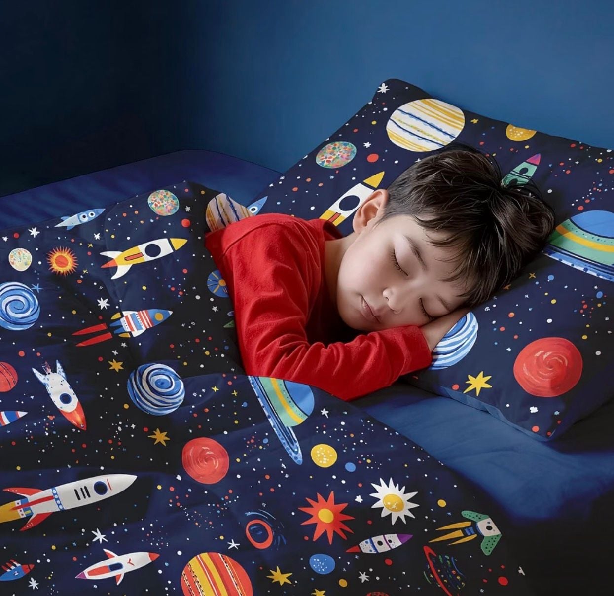 5-piece quilt outer space quilt set with planets and rockets. Size Full 7