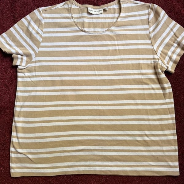 Rebecca Malone Tan and White Striped Short Sleeve T-Shirt