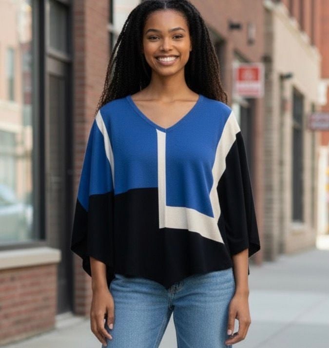alice + olivia Colorblock V-Neck Batwing Sleeve Poncho Top 2