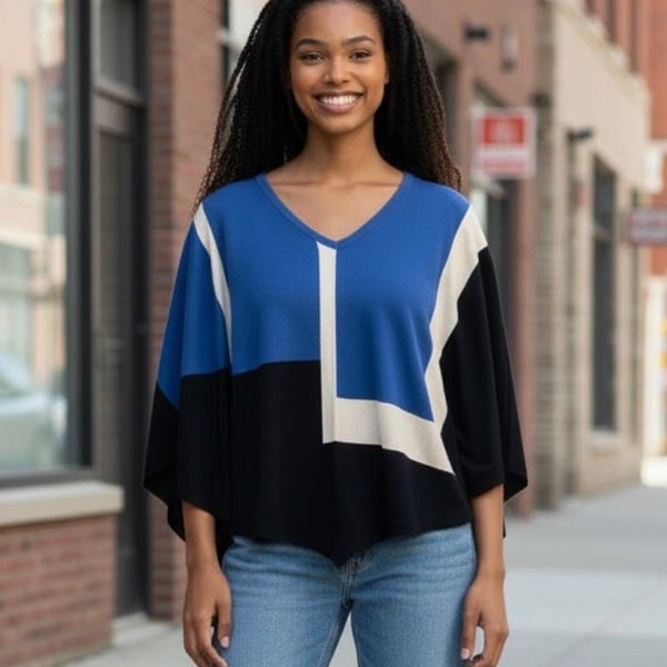 alice + olivia Colorblock V-Neck Batwing Sleeve Poncho Top