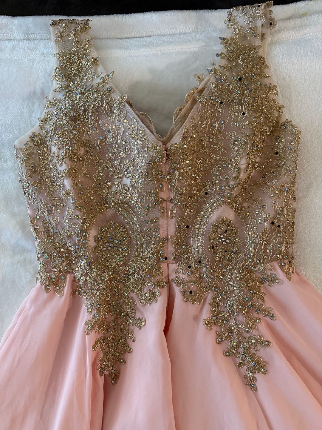 May Queen Couture Pink Chiffon Homecoming Dress with Gold Beaded Bodice Size 10 7