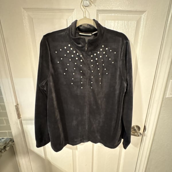 Sag Harbor Sport Zip Front Velour Jacket Size Large Faux Pearls